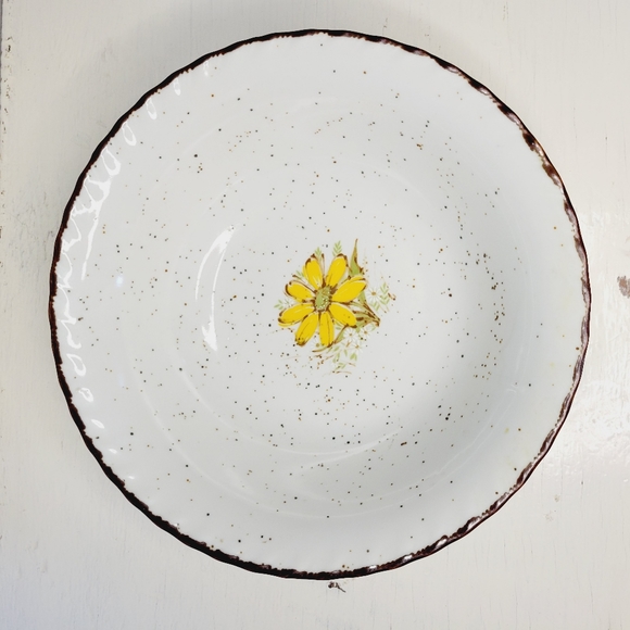 Takahashi Pottery Bowl Daisy Print Speckled White Yellow Floral Brown Rim - Picture 3 of 11